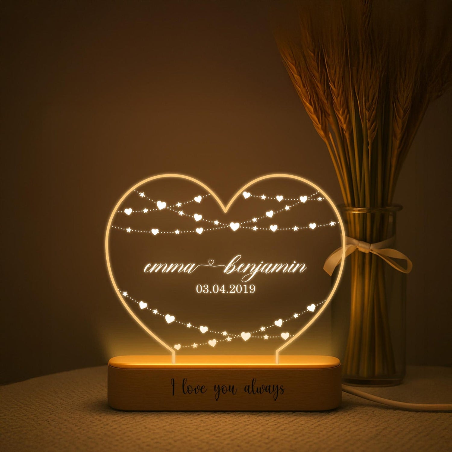 Personalized Heart LED Night Light, Engraved Names &amp; Date, Anniversary Gift