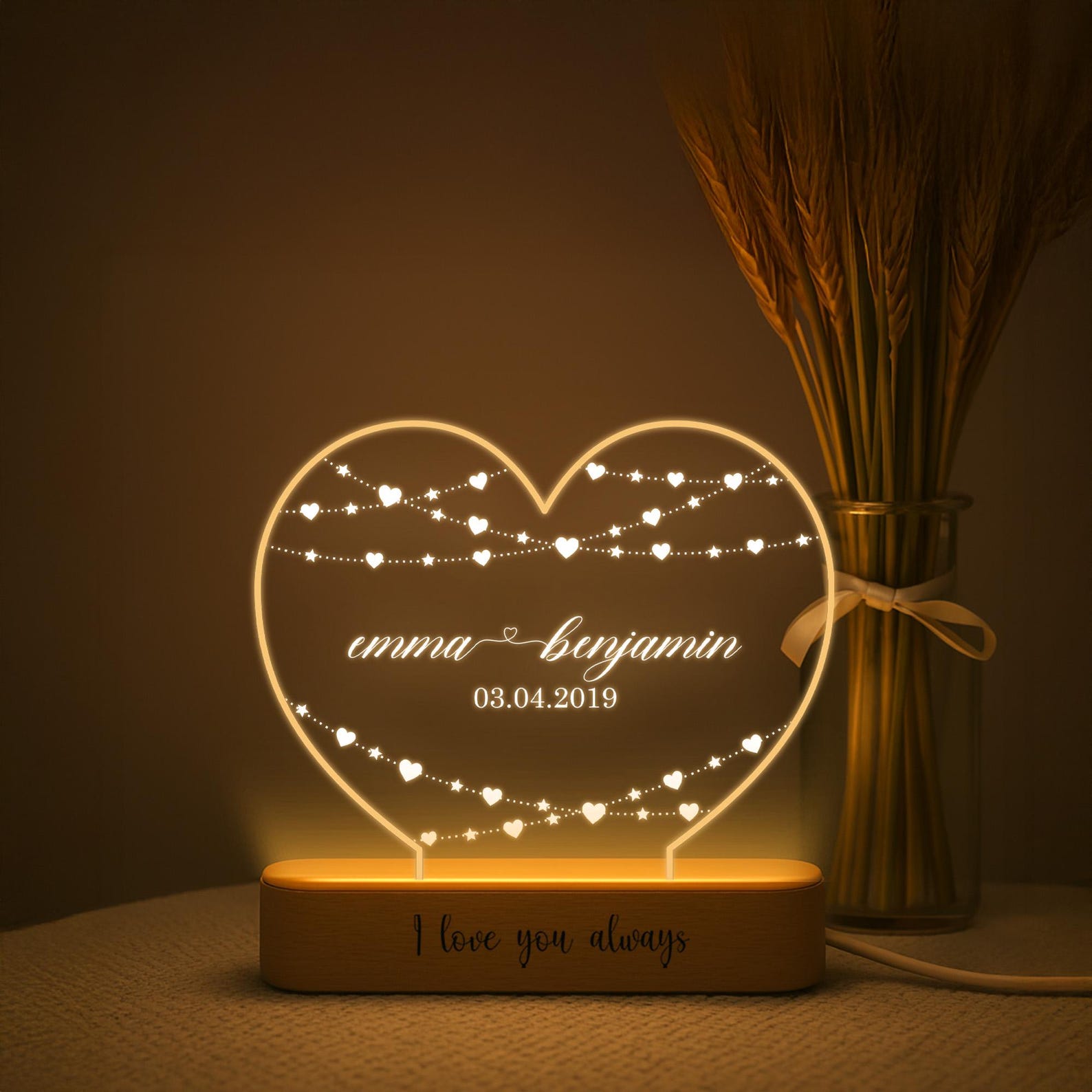 Personalized Heart LED Night Light, Engraved Names &amp; Date, Anniversary Gift