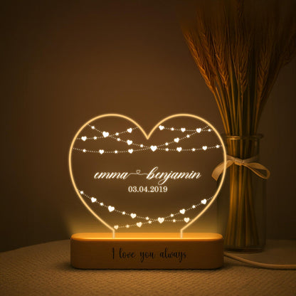 Personalized Heart LED Night Light, Engraved Names &amp; Date, Anniversary Gift