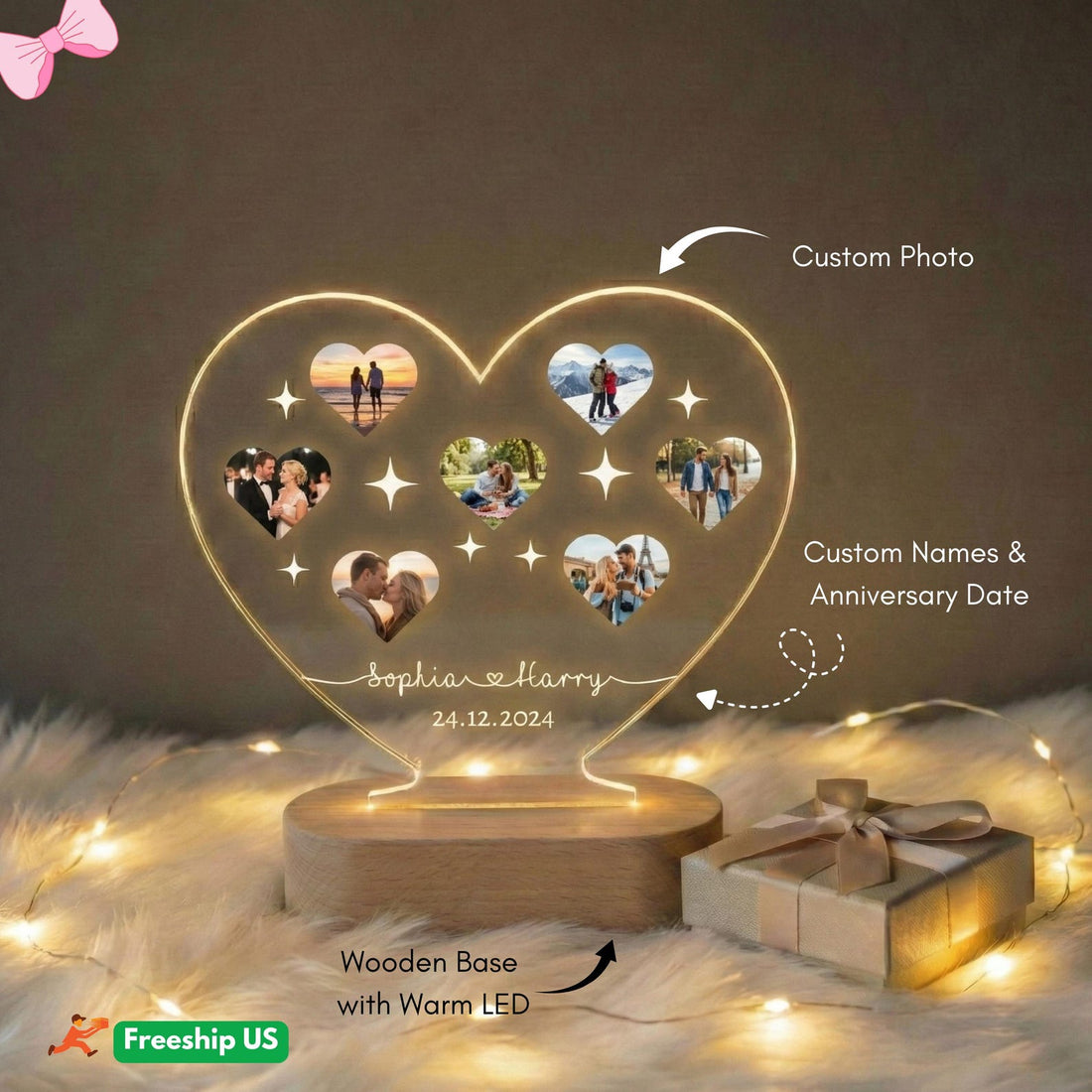 Personalized Photo Heart Night Light, Couple Photo Lamp, Custom Acrylic Frame