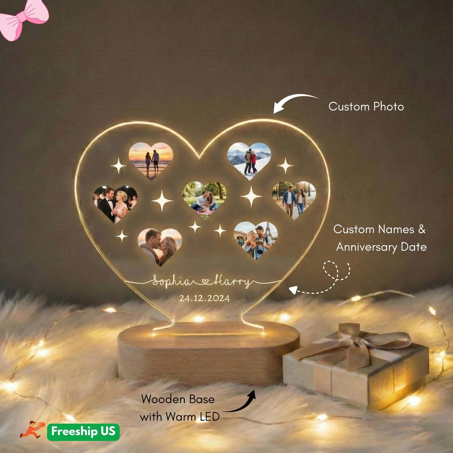 Personalized Photo Heart Night Light, Couple Photo Lamp, Custom Acrylic Frame