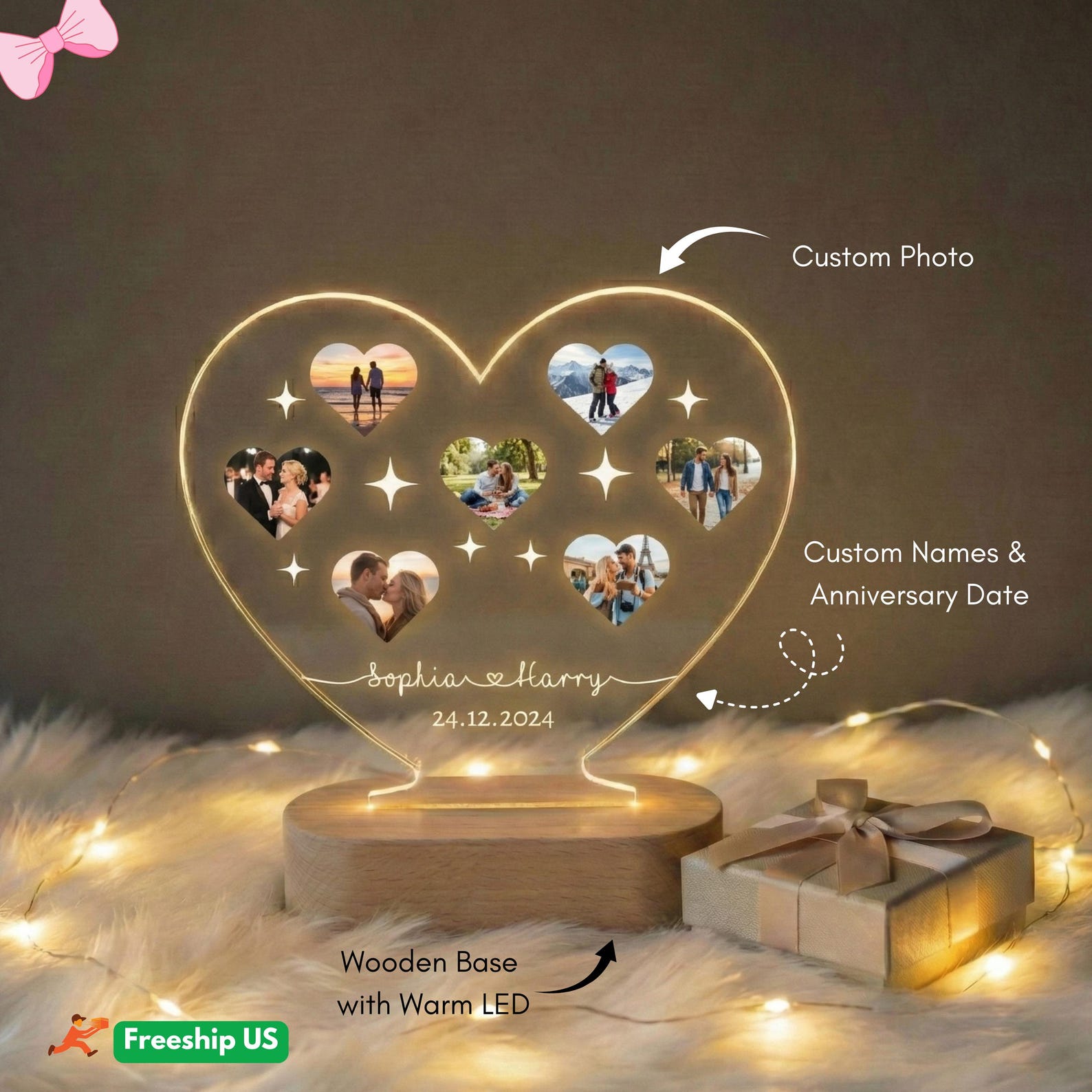 Personalized Photo Heart Night Light, Couple Photo Lamp, Custom Acrylic Frame