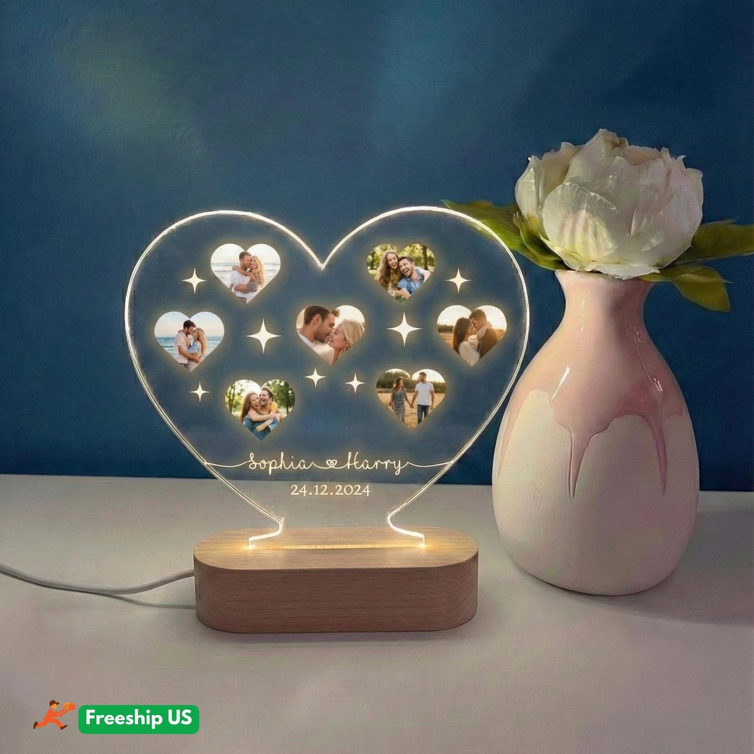 Personalized Photo Heart Night Light, Couple Photo Lamp, Custom Acrylic Frame