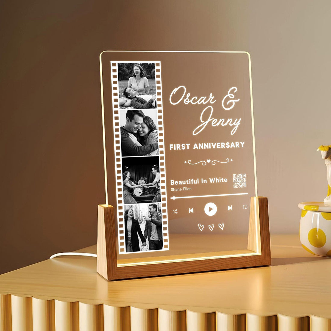 Personalized Film Strip Music Plaque, First Anniversary Gift, Custom Photo Lamp for Couples,