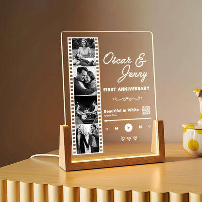 Personalized Film Strip Music Plaque, First Anniversary Gift, Custom Photo Lamp for Couples,