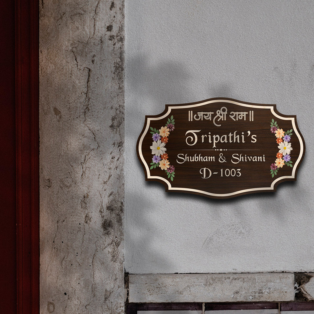 Sacred “Jai Shree Ram” Wooden House Nameplate | Custom Family Name