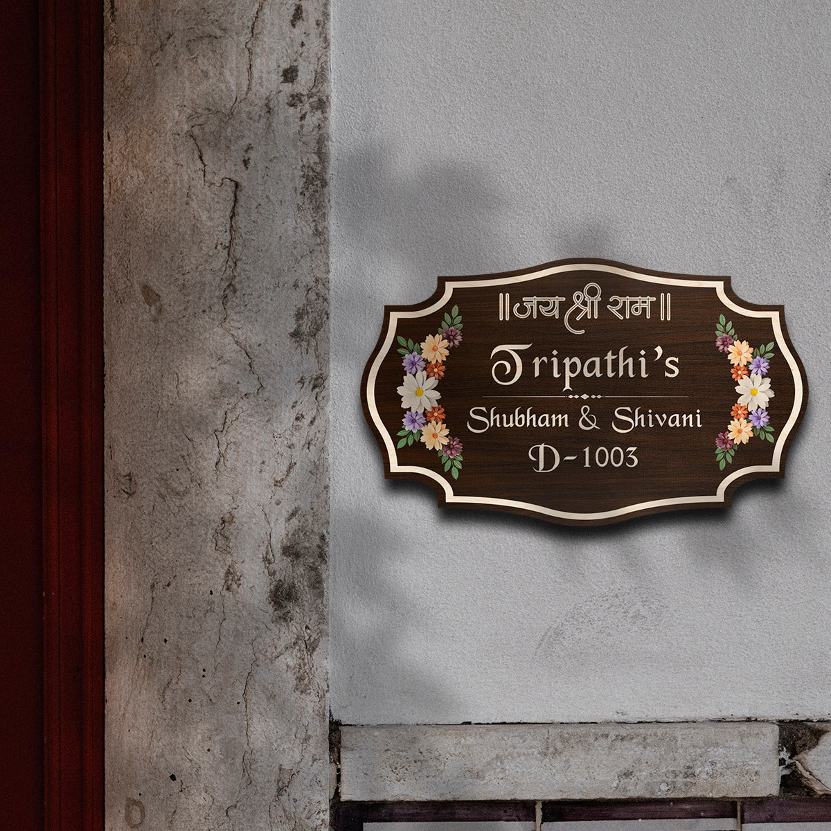 Sacred “Jai Shree Ram” Wooden House Nameplate | Custom Family Name