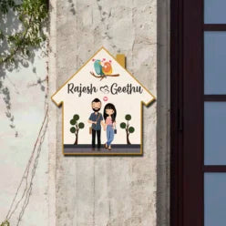Hut Style Couple Wooden Nameplate | Custom Name Sign (12 × 12)