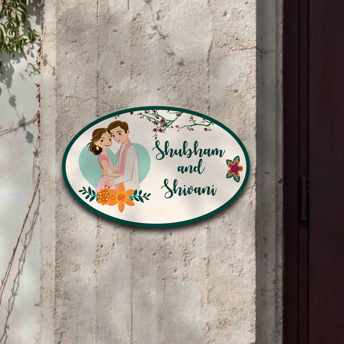 Personalized Wooden Couple Nameplate for Home Entrance | Custom Names | 12 × 8 In