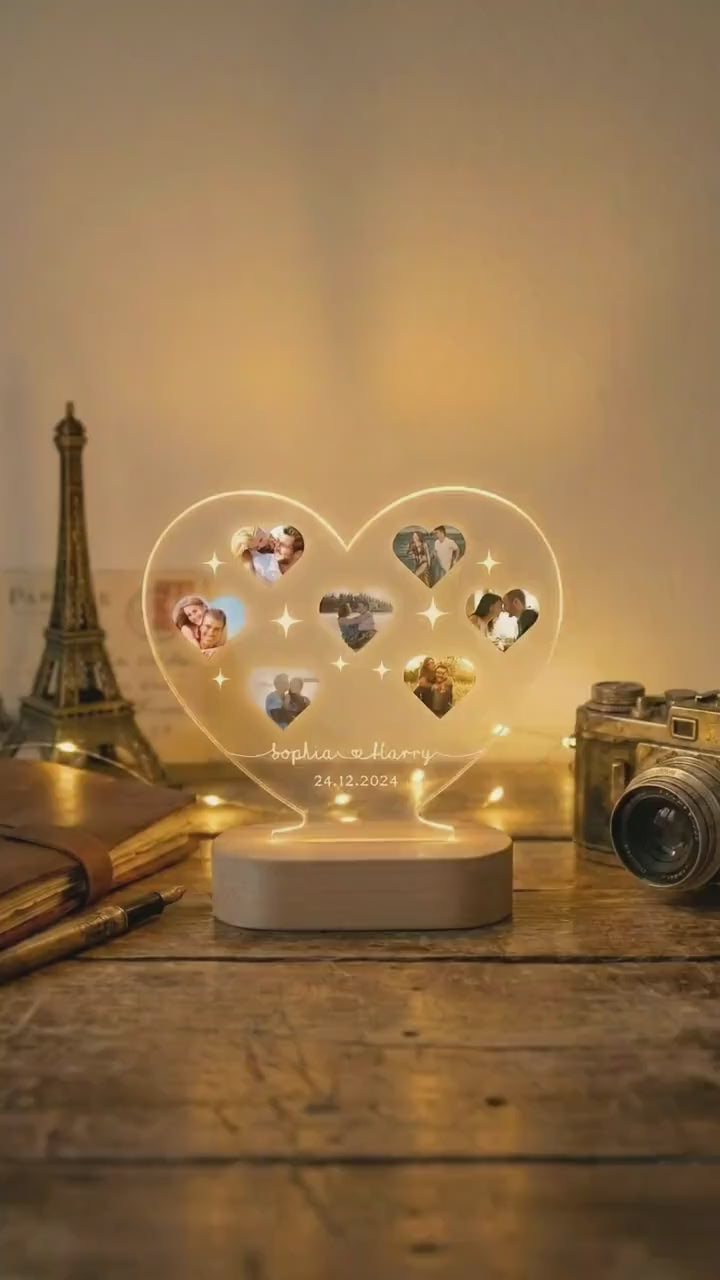 Personalized Photo Heart Night Light, Couple Photo Lamp, Custom Acrylic Frame